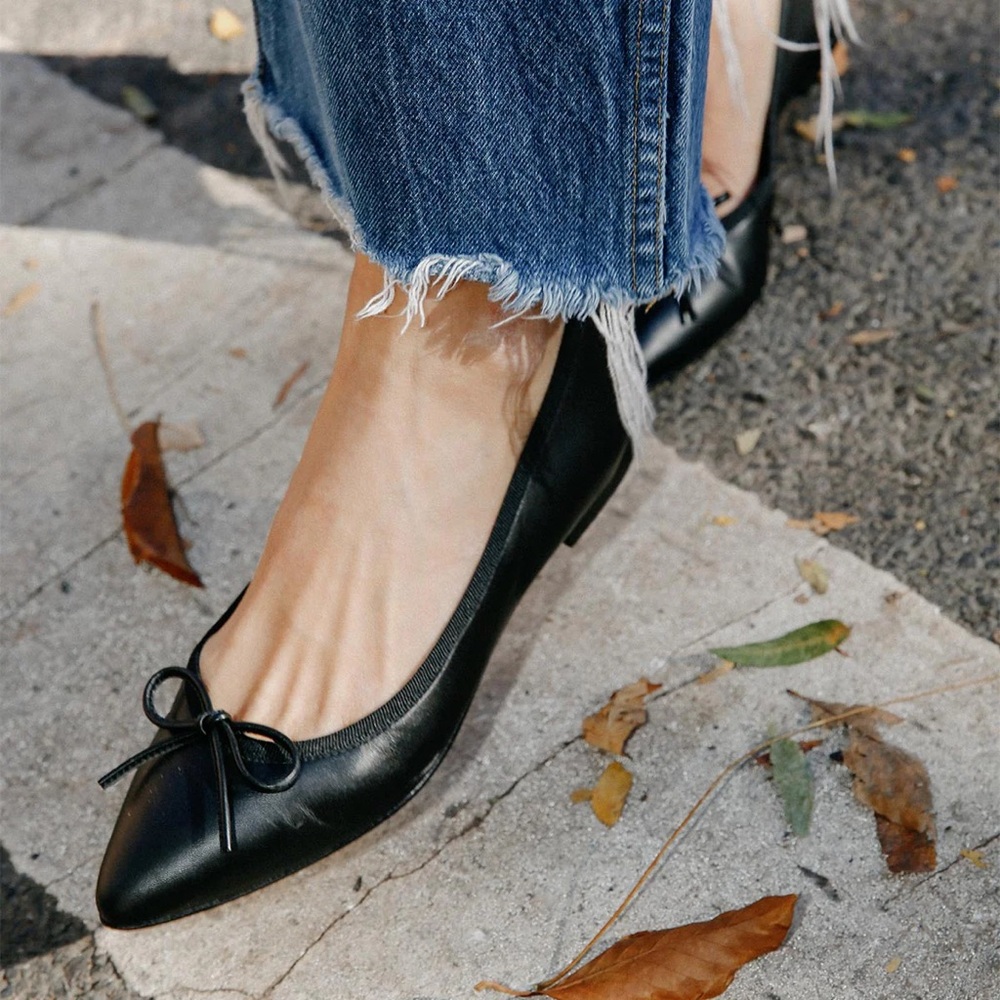 Margaux Black Flats with Bow and Textured Finish